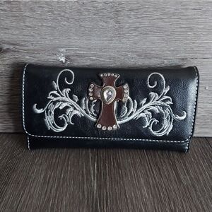 Black Cross Rhinestone Embroidered Western Women's Wallet